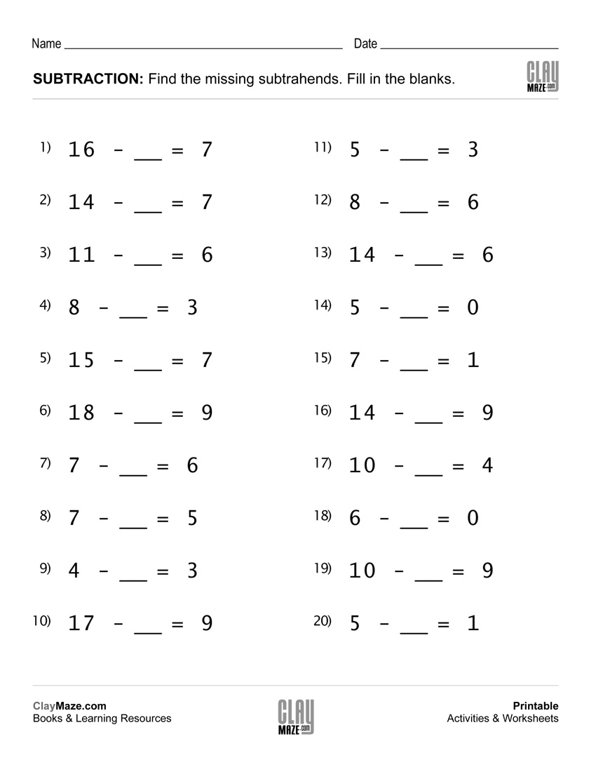 Subtraction Worksheet â Fill In The Blanks Subtraction Facts (set